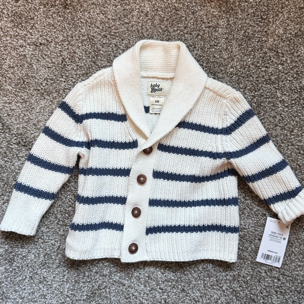 Blue & white striped knit cardigan sweater